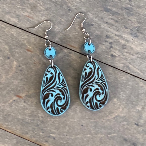 Lange Girl Design Jewelry - Turquoise Damask Faux Tooled Leather Wood Engraved Earrings